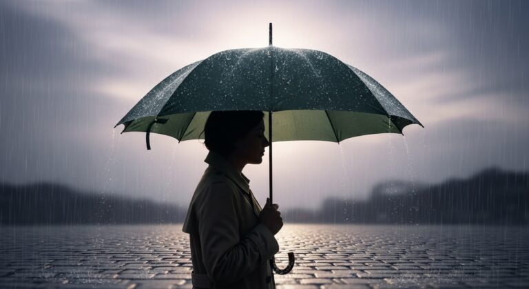 Dreaming about an umbrella person standing under an open umbrella in the rain, symbolizing protection and emotional shelter.