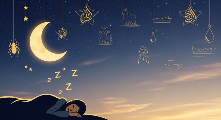 Islamic dream interpretation scene with symbols like spider, cat, blood, and boat under a crescent moon, representing AlHodHod-style meanings in Islam