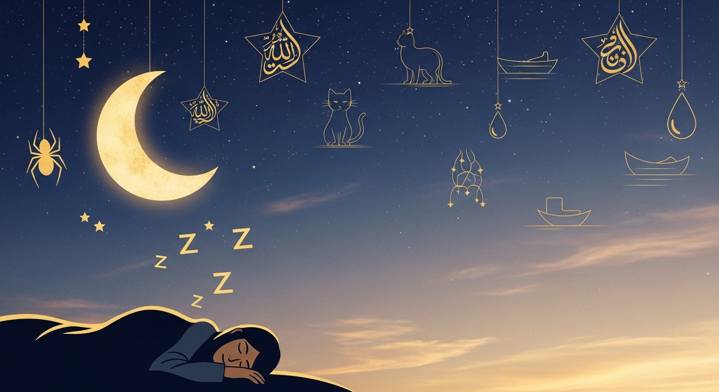 Islamic dream interpretation scene with symbols like spider, cat, blood, and boat under a crescent moon, representing AlHodHod-style meanings in Islam